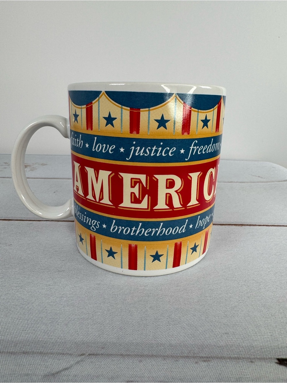 Vintage Russ Berrie "AMERICA" Patriotic Coffee Mug Circus Tent Design
